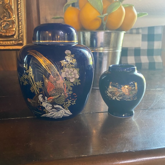 Vintage cobalt blue oriental finger jar and vase